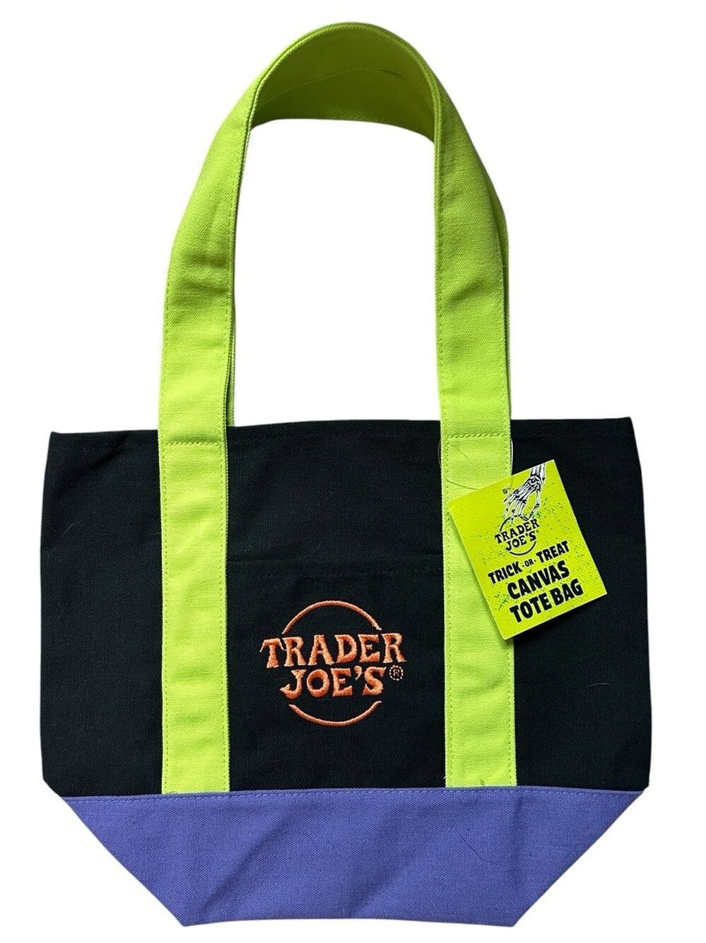 Trader Joe's Mini Black Purple & Green Canvas Halloween Trick or Treat Tote Bag